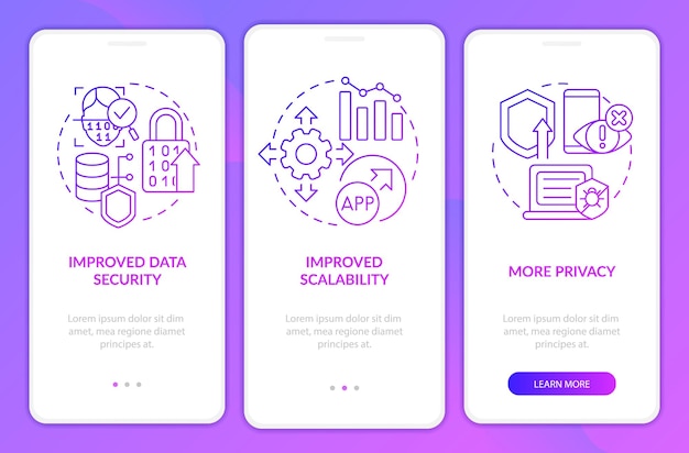 Web 3 0 purple gradient onboarding mobile app screen No code option walkthrough 3 steps graphic instructions pages with linear concepts UI UX GUI template Myriad ProBold Regular fonts used