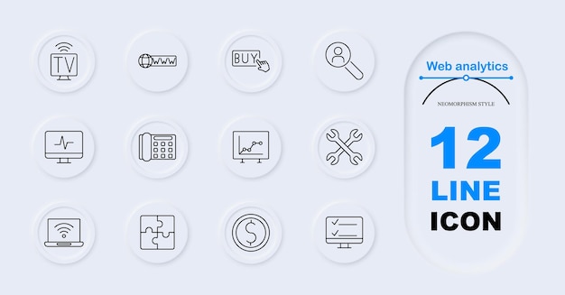 Web analytics set icon TV globe URL buy button user search computer monitor telephone chart wrench tools laptop with WiFi puzzle piece coin checklist on monitor Web tracking