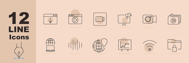 Web and video set icon Browser downloads video play video call promotion streaming files global access sound analytics security Online services data sharing