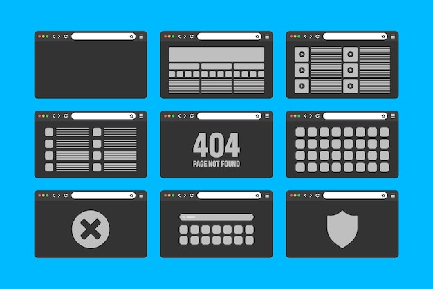 Web browser window pages layout with toolbar and search field Modern website internet page in flat style Browser mockup for computer tablet and smartphone Adaptive UI Vector illustration