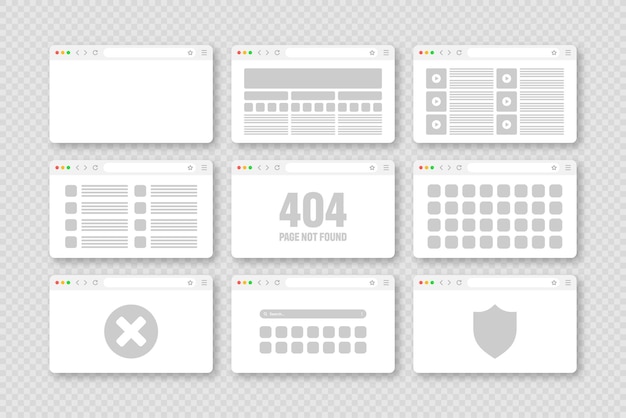 Web browser window pages layout with toolbar and search field modern website internet page in flat