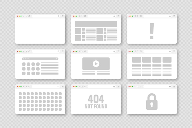 Web browser window pages layout with toolbar and search field modern website internet page in flat