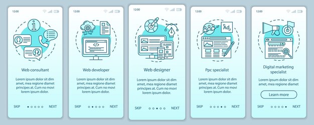 Web consulting onboarding mobile app page screen vector template. Website development. Digital marketing. Walkthrough website steps with linear illustrations. UX, UI, GUI smartphone interface concept