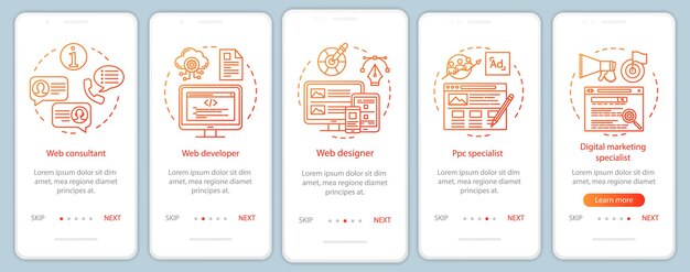 Web consulting onboarding mobile app page screen vector template Website development Digital marketing Walkthrough website steps with linear illustrations UX UI GUI smartphone interface concept