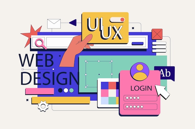 Web design concept in flat neo brutalism design User interface creation with placing graphic content and buttons on responsive layout Vector illustration for social media banner marketing material