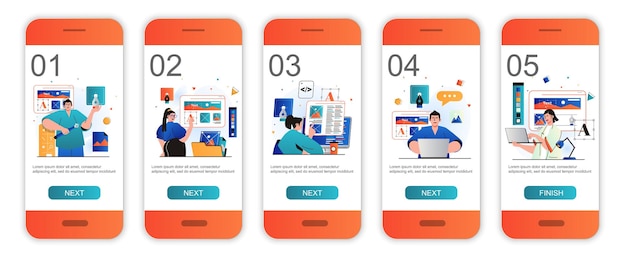Web design concept onboarding screens for mobile app templates Developers create page layout