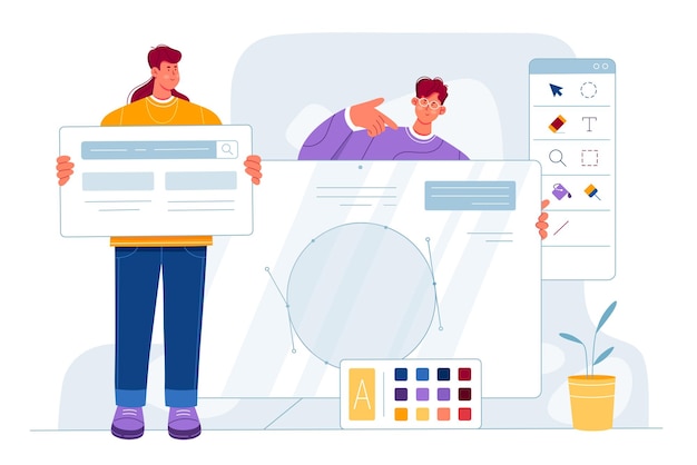 Web design creation work of agency with creative team of artists tiny people develop UI