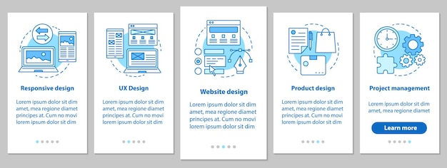 Web design onboarding mobile app page screen with linear concepts. Website, UX, responsive design, branding, project management steps graphic instruction. UX, UI, GUI vector template with illustration