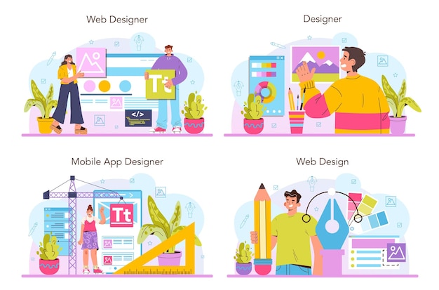 Web designer concept set. Interface and content presentation design and development. Website layout, composition and color development. Flat vector illustration