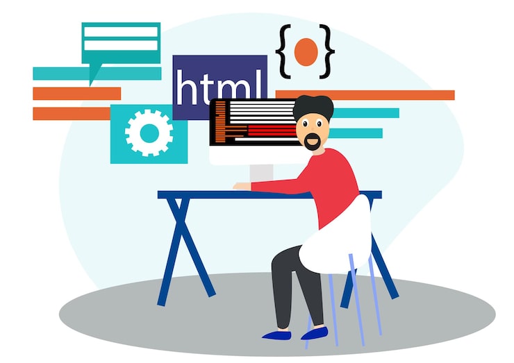 Vektör web developer coding at desk with html and code snippets