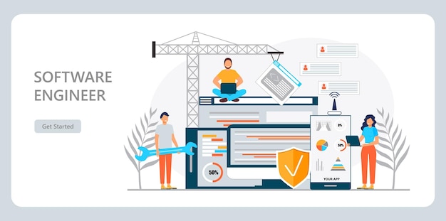 Web developer concept vector for landing page Programmer constructs website using crane and writes code Software engineer working in digital or AI technology Software development