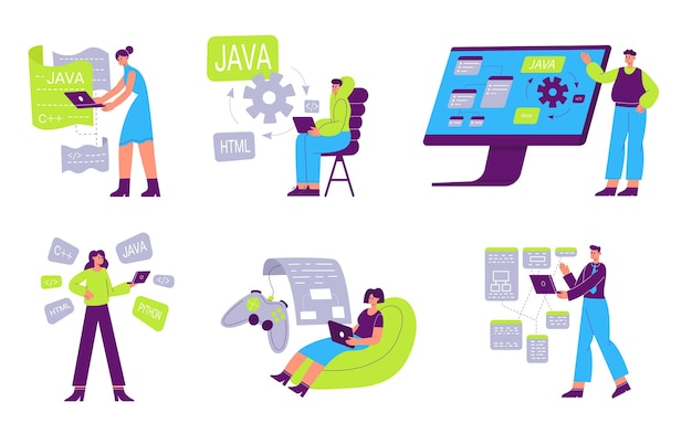 Web developers software programmers work illustration set Game testers checking quality and fixing bugs