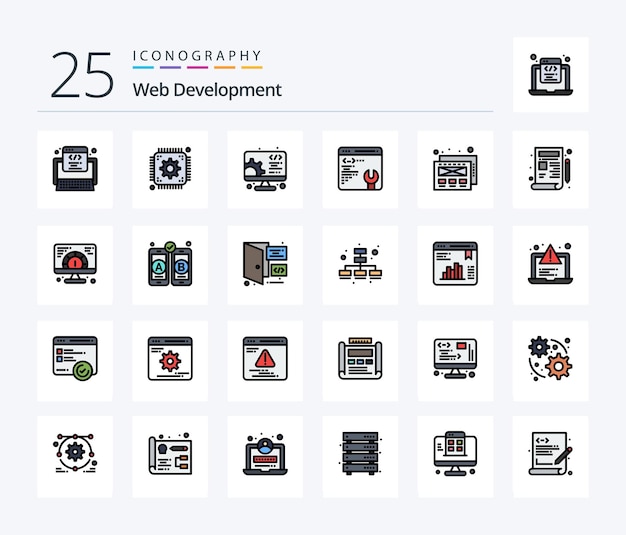 Web Development 25 Line Filled icon pack including blueprint mockup design development setting development