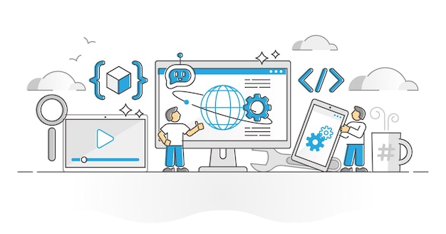 Web development coding, programming and designing monocolor outline concept. Website building process with IT developer and businessman vector illustration. Homepage java source optimization work.
