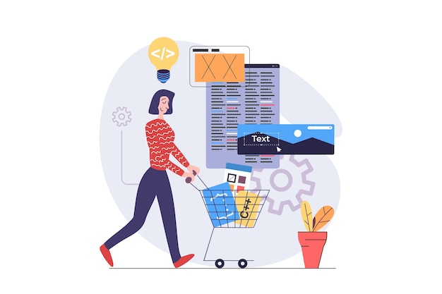 Web development concept in modern flat design for web Woman developing and programming wireframe app interface brainstorming and building layout with digital content at screens Vector illustration