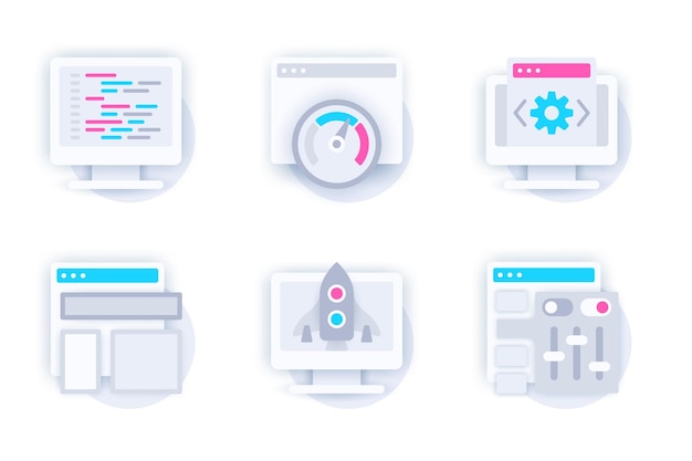 Web development concept of 3d paper icons set Pack flat pictograms of programming coding
