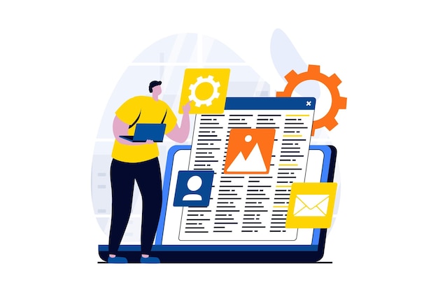 Web development concept with people scene in flat cartoon design Man designer creates websites layouts at laptop programming and testing code on screen Vector illustration visual story for web