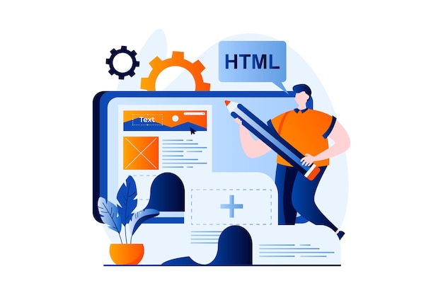 Web development concept with people scene in flat cartoon design Man is programming in html creating and optimizing website and testing online platform Vector illustration visual story for web