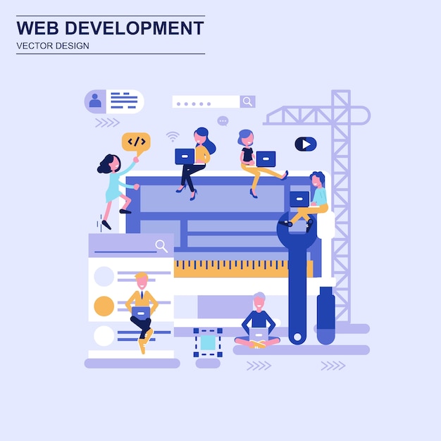 web development flat design concept blue style with decorated small people character.