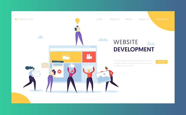 Web Development landingsside skabelon. Folk tegn teamwork skaber webside. Brugergrænseflade mobilapplikation.