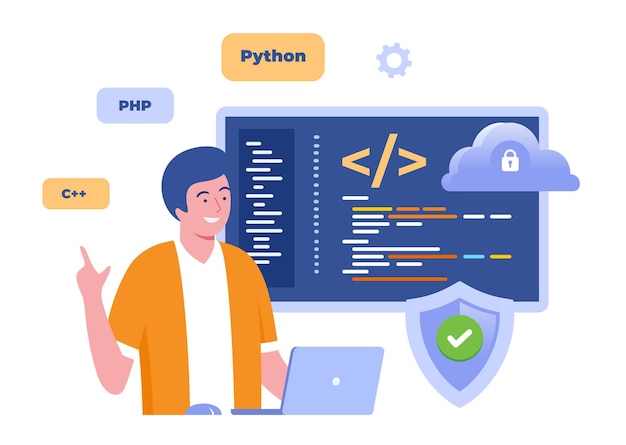 Web development programming languages css html it ui programmer cartoon character developing website coding flat illustration banner for website