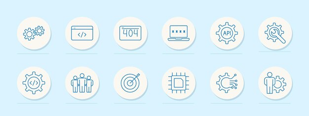 Web development set icon Gears code 404 error password API and target Programming software technology concept