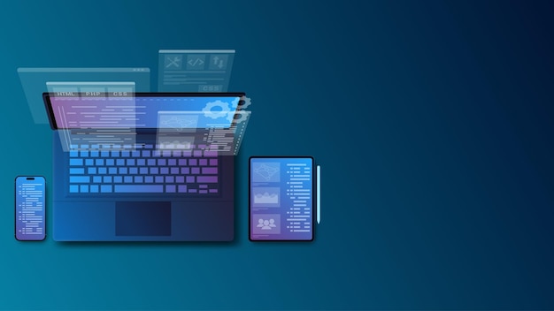 Web Development Software programming for Laptop Smartphone and Tablet Showing Futuristic Coding UI