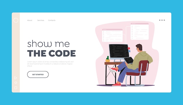 Web Development, Website Programming Landing Page Template. Programmer Male Character Working on Computer and Tablet Coding, Creating New Website, Software or Application,Cartoon Vector Illustration,