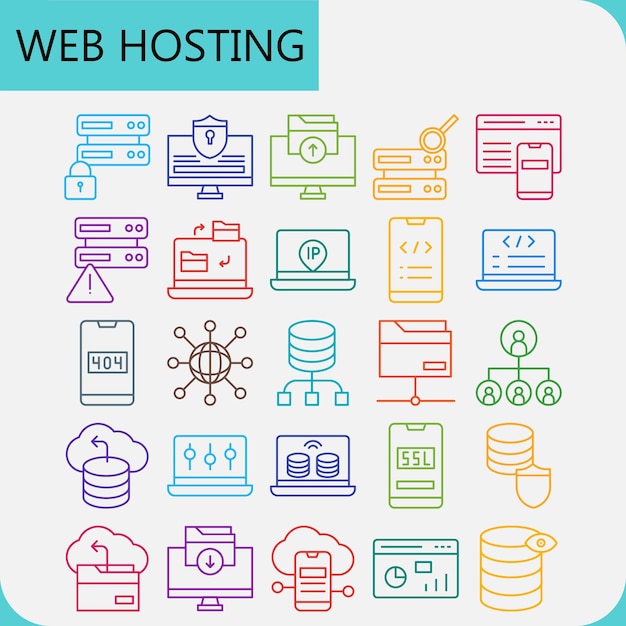 Web hosting line color icon pack for web server