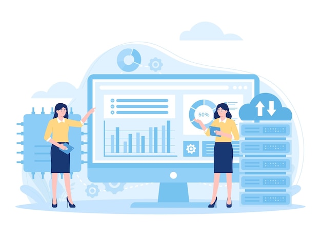 Web hosting online database storage technology data cloud storage network trending concept flat illustration