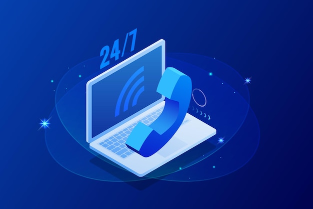 Web page design templates for call center support 24-7. Isometric 24 hours open customer service. Vector illustration Customer Service, Support or CRM.