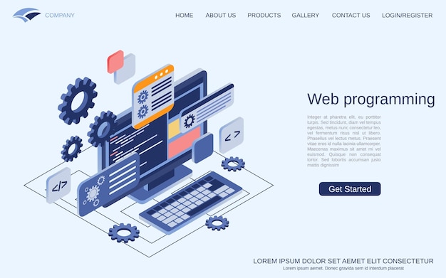 Web programming program coding website construction flat 3d isometric vector concept illustration