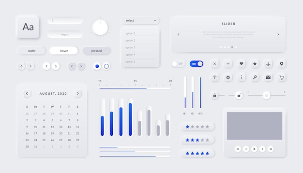 Webb-UI-kit. Gränssnittselement för mobilapplikation och webbsida med knappar, fält, reglage och kalender. Vektorillustration responsiv UX-grafikdesignmall för webbplatsnavigering