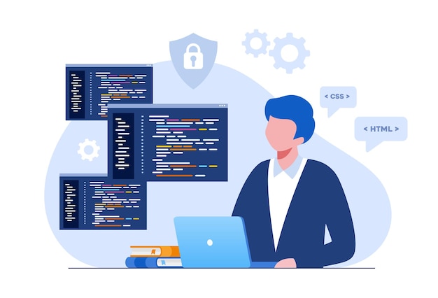 Webbutveckling. programmeringsspråk. css, html, it, ui. programmerare, tecknad karaktär som utvecklar webbplats, kodar. platt illustration, banner