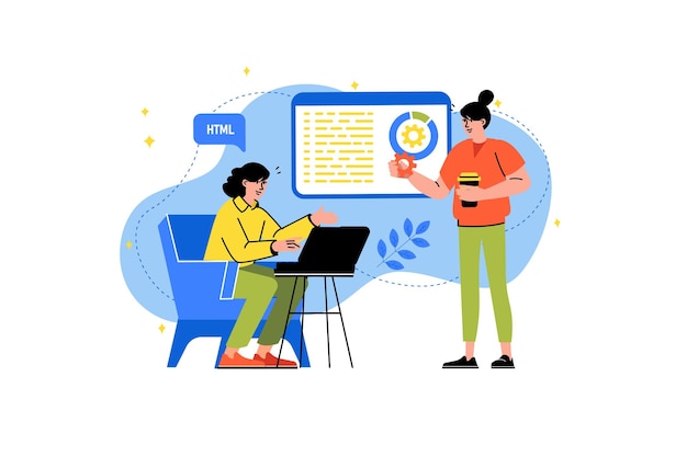 Webbutvecklingskoncept med människor i platt tecknad design. Två anställda utvecklar konceptet att skapa en ny webbplats. Vektorillustration