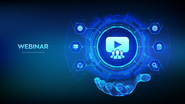 webinar icon in wireframe hand internet conference web based seminar distance learning elearning