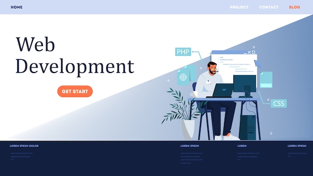 Websiden udvikling vandret banner. Webside programmering og lave responsive interface på computer. Programmering og kodning, oprettelse af hjemmeside. Computerteknologi. Illustration