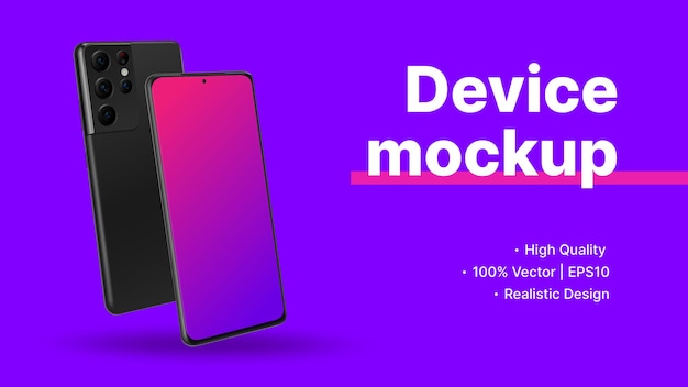 Website Advertisement Banner. Smartphone Diagonal Front and Back View with Blank Screen Mockup. Minimalistic Purple Promotion Slide. Vector illustration