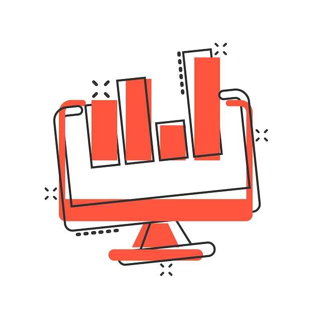 Website analytics icon in comic style SEO data cartoon vector illustration on white isolated background Computer diagram splash effect business concept