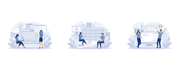 Website architecture concept PHP and MySql CMS content management system Web development Software testing Interface design Graphic elements set set flat vector modern illustration