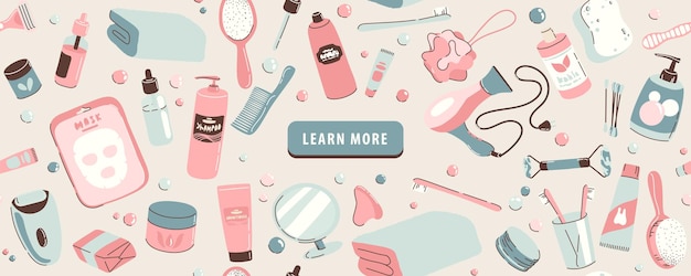 website banner for learn more page with illustration of objects and cosmetics for the bathroom