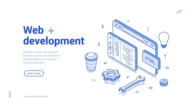 Website development programming and coding web banner isometric vector illustration