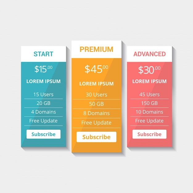 Website hosting plan pricing tables vector eps