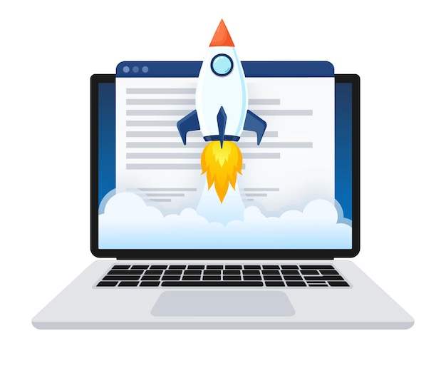 Website speed optimisation Laptop with webpage and analytic tools on screen Vector illustration
