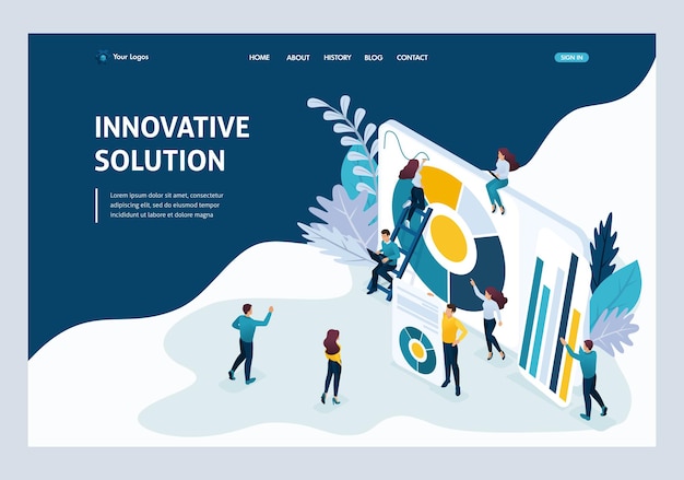 website template landing page isometric concept young entrepreneurs, marketing research, innovative solution. easy to edit and customize.