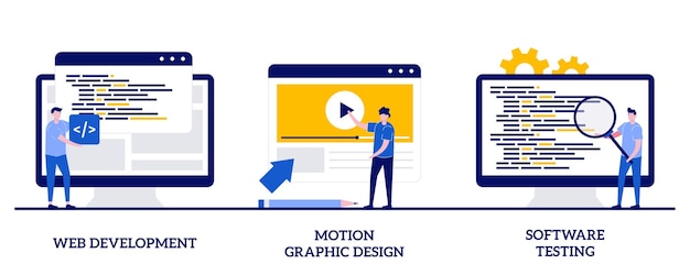 Webudvikling, motion graphic design, softwaretestkoncept med små mennesker