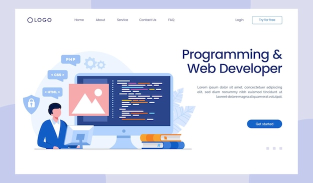 Webudvikling programmeringssprog css html it ui programmør tegneseriefigur udvikler hjemmeside kodning flad illustration banner landingssideskabelon