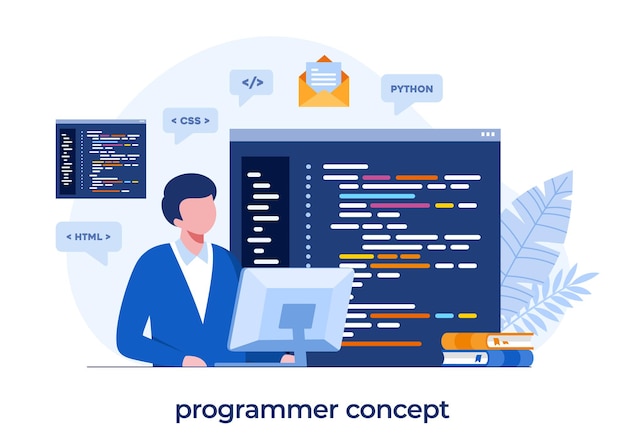 Webudvikling. programmeringssprog. css, html, it, ui. programmør tegneseriefigur udvikler hjemmeside, kodning. flad illustration banner