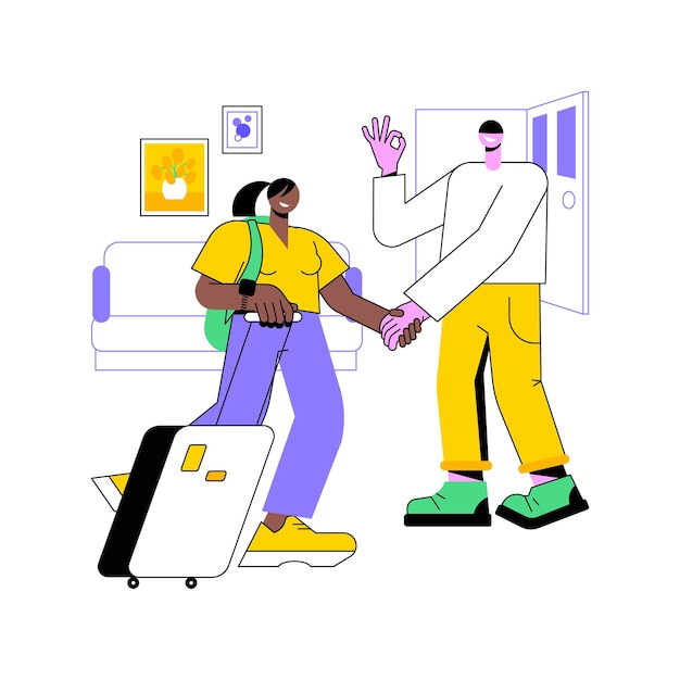 Welcoming guests isolated cartoon vector illustrations Happy host welcoming tourist woman hospitality business vacation rental service professional people traveling vector cartoon