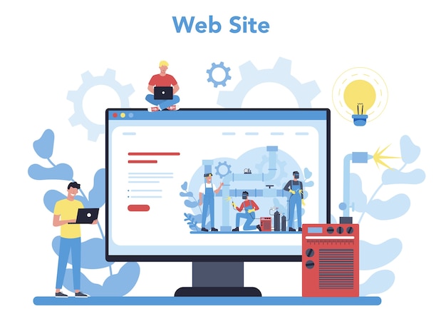 Welder and welding online service or platform. Professional welder in protective mask and gloves. Website.  